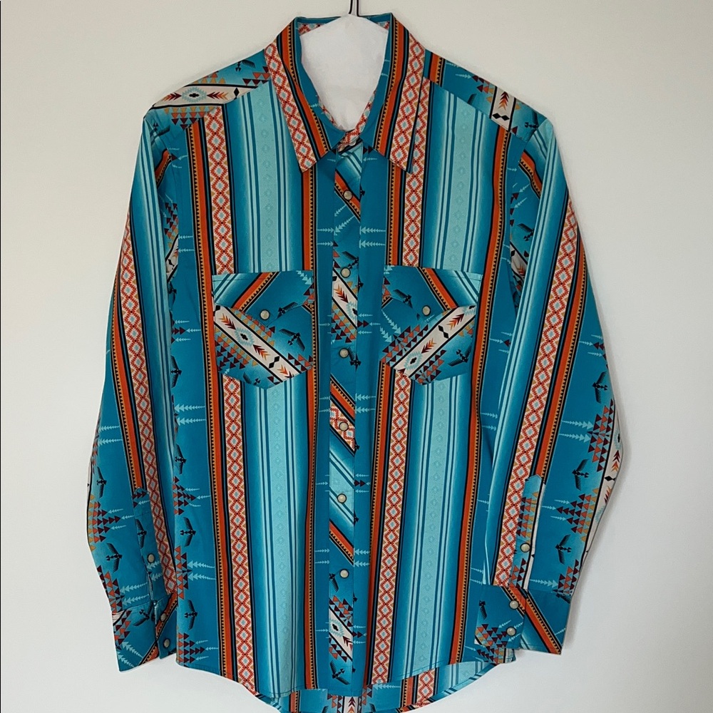 Turquoise Striped Southwestern Print Men's Shirt